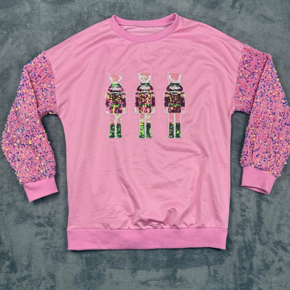 Pink Nutcracker Sequin Sleeve Holiday Sweatshirt Christmas Crewneck Small